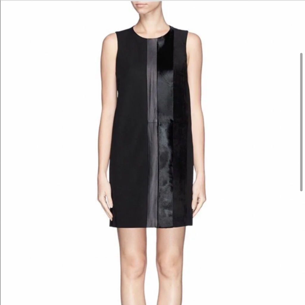 Theory Elso Calf Hair Suede Leather Panel Shift Dress Black Size 4 ($615 Retail)
